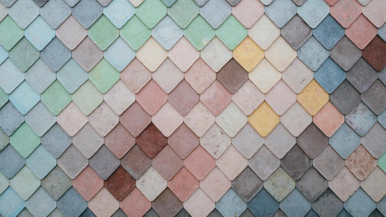 Colorful tile image of blues, yellows, pinks, greens, and reds