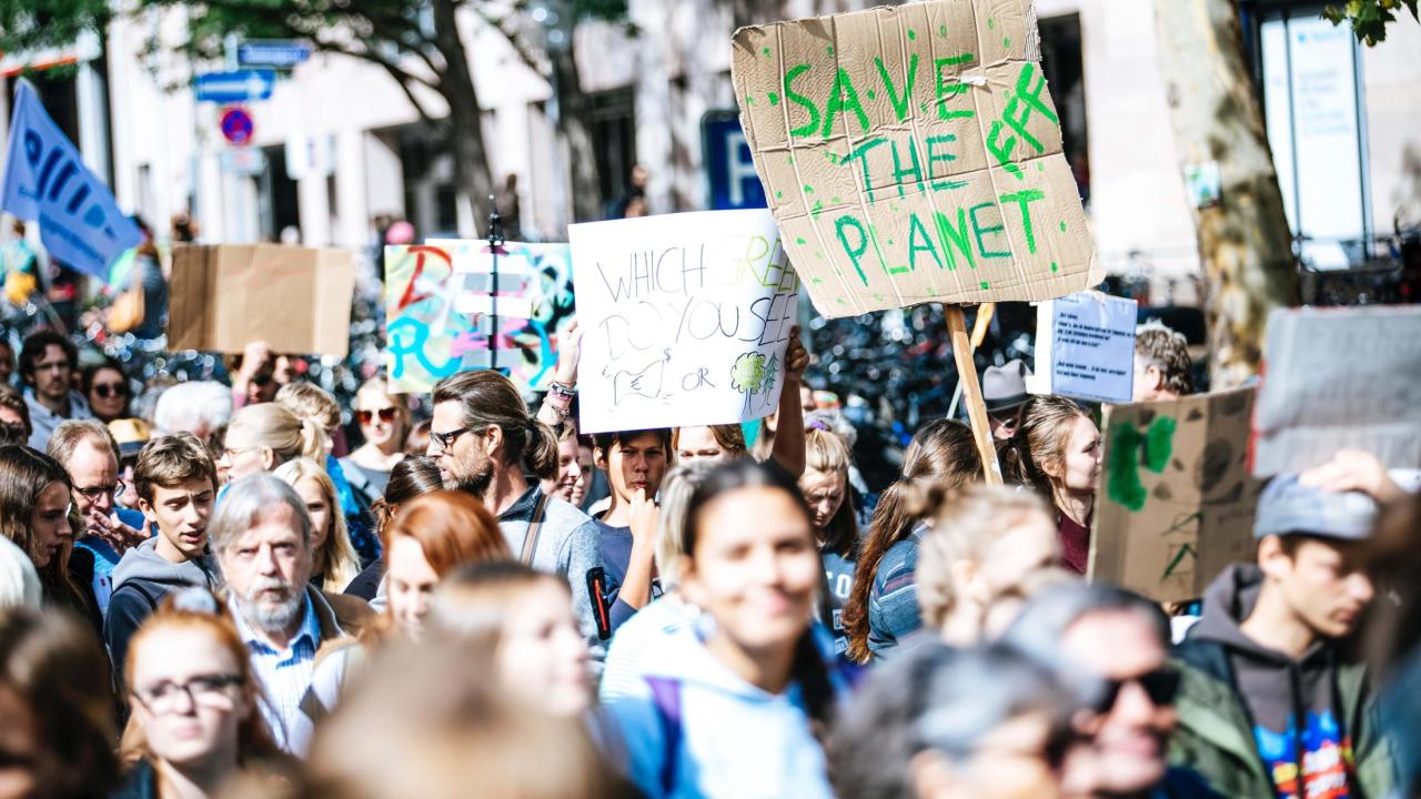 Protesters with signs. One sign reads "Save The Planet" in green.