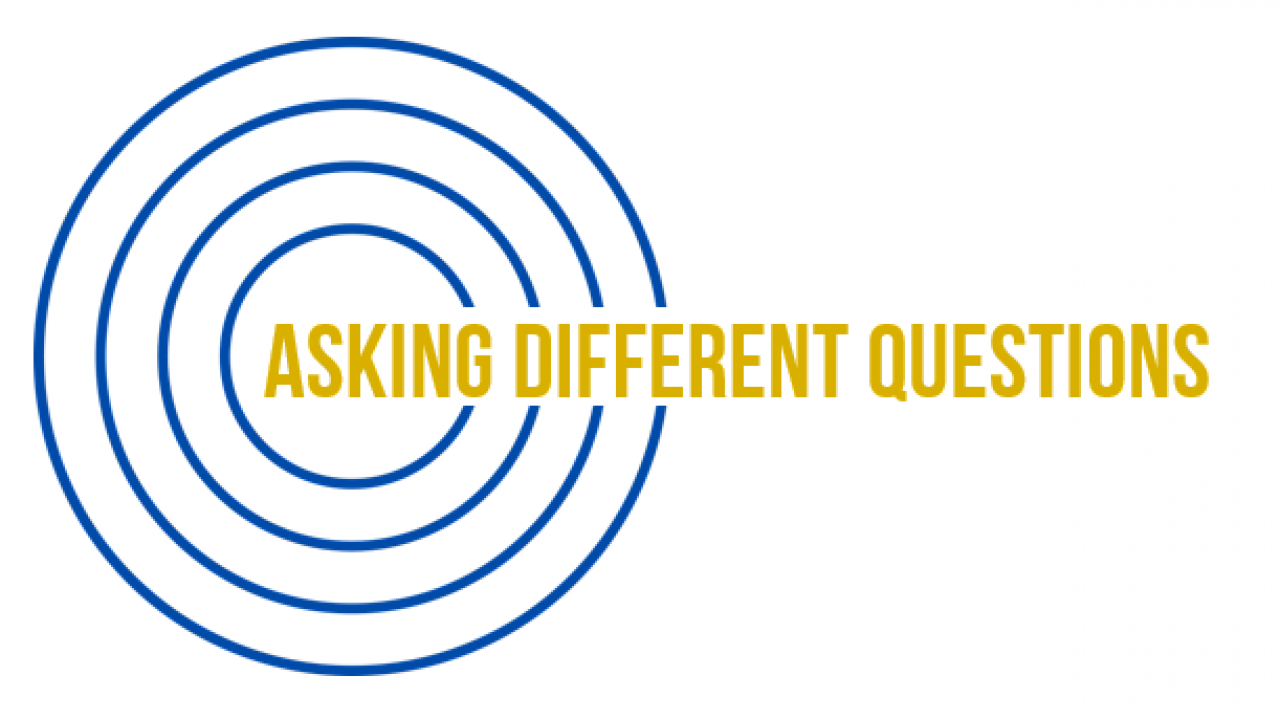 Concentric blue circles intersecting with the words "Asking Different Questions" in yellow.