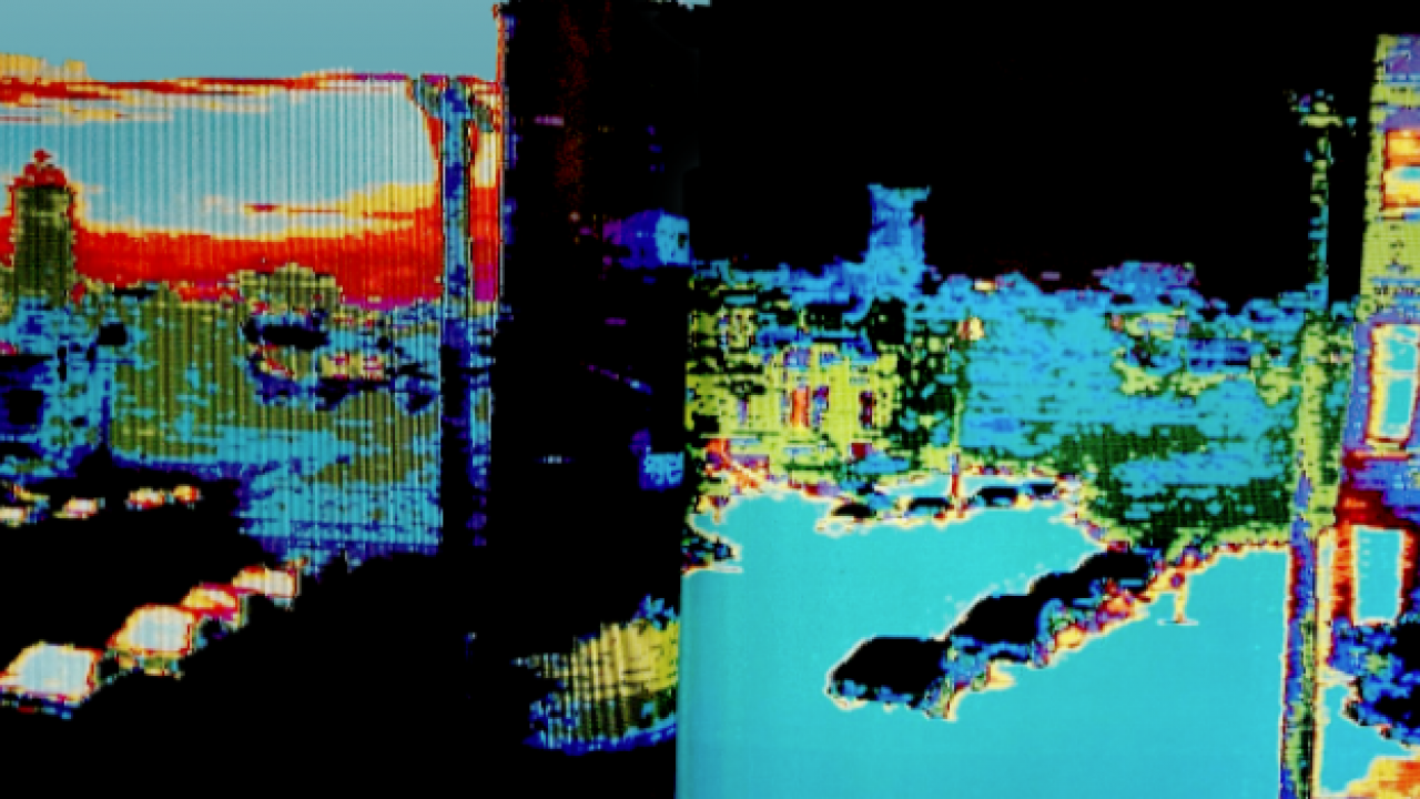 Colorful digitally altered images of urban landscapes