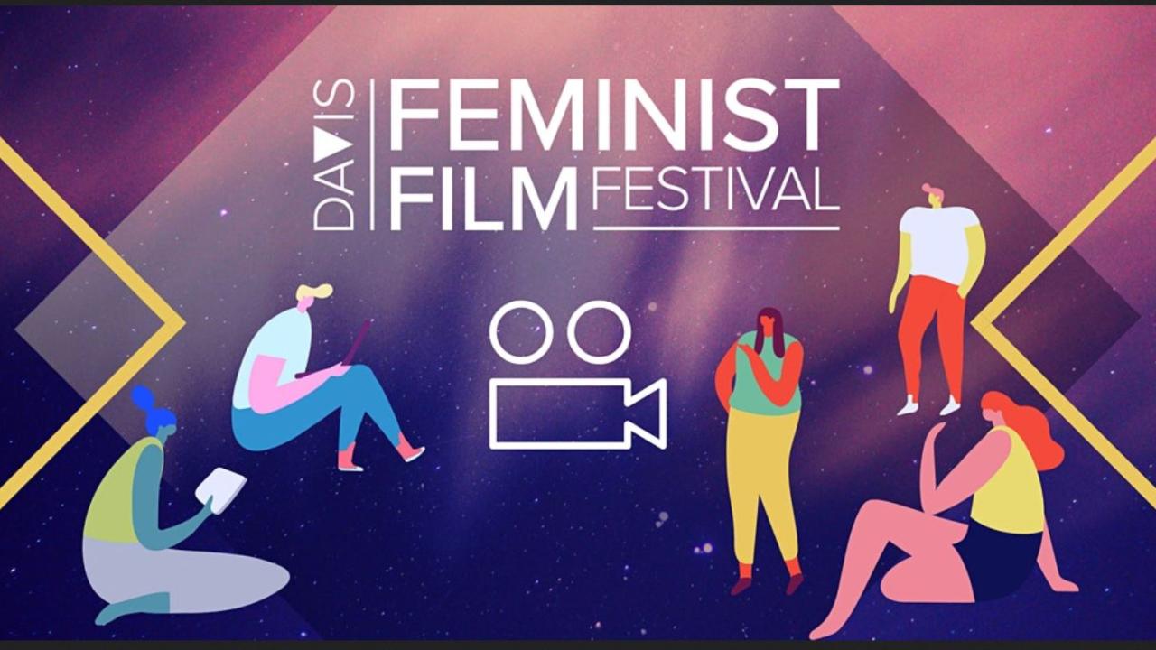 Illustration of people with a camera in the center, reads "Davis Feminist Film Festival"
