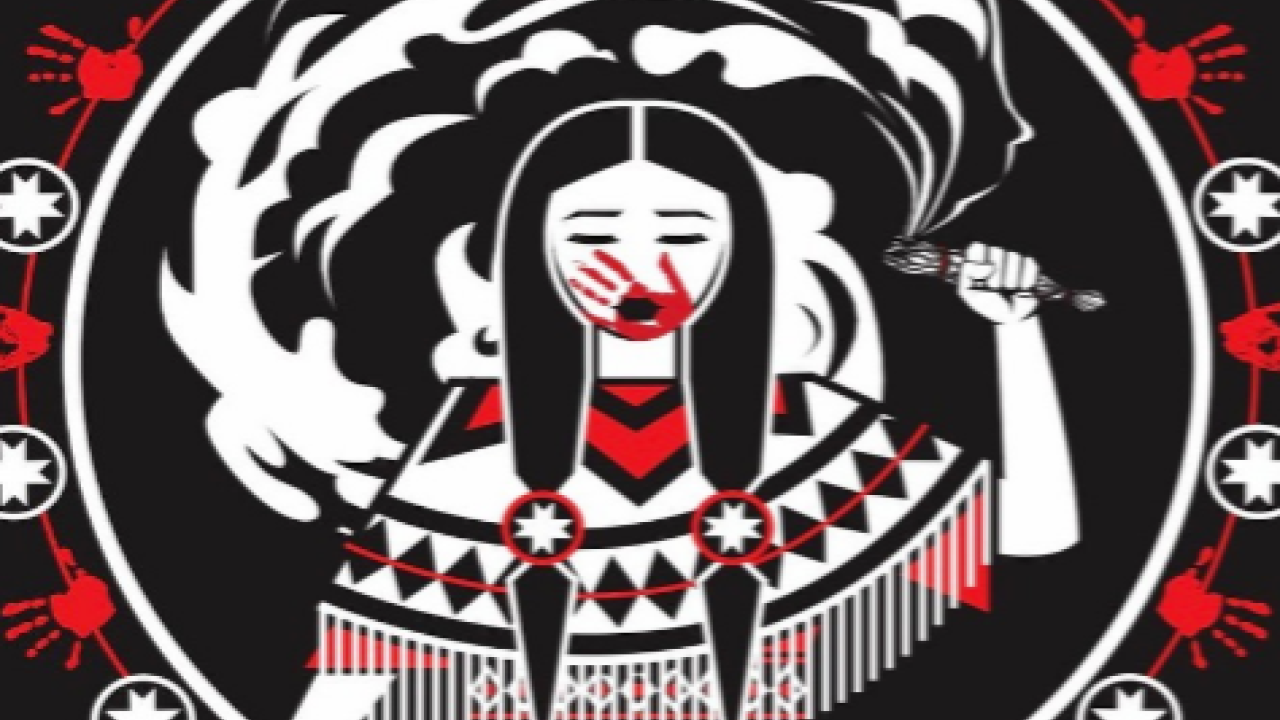 Illustration of Native woman with red handprint over her mouth
