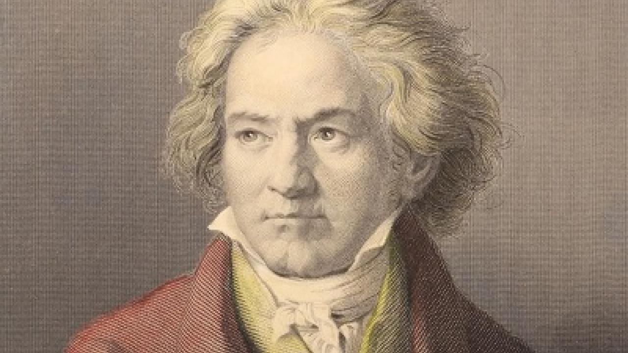 Portrait of Beethoven wearing a red coat and yellow vest