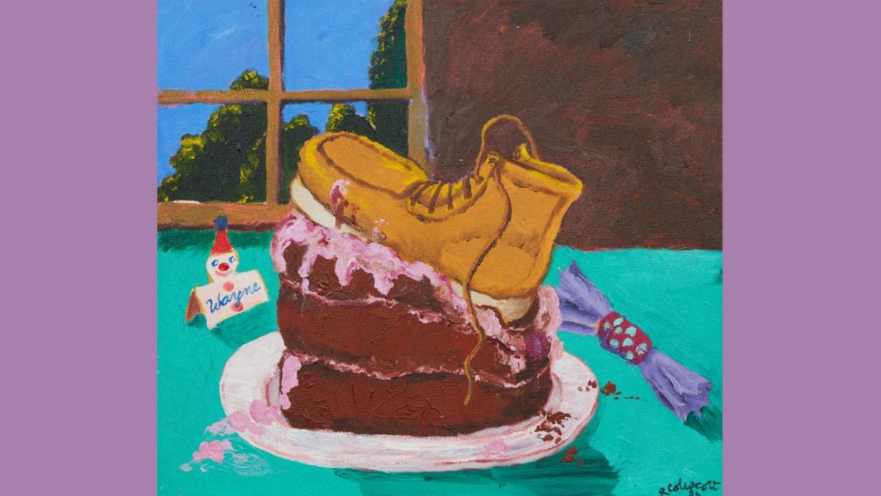 Wayne Thiebaud painting featuring a book smashed into a cake