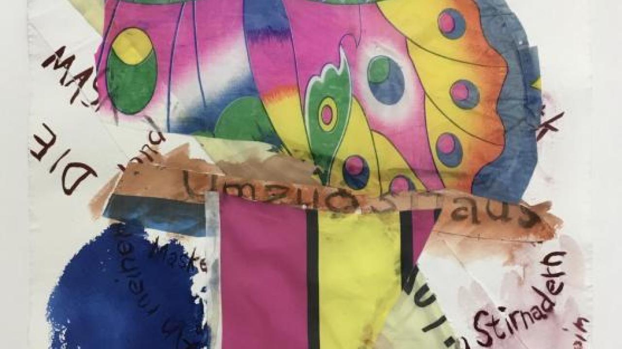 Detail from Joe Fyfe, "Untitled," work on paper, 28 x 22 in. approx. found kite, fabric, paper, watercolor, gouache. Courtesy of the artist Joe Fyfe, "Untitled," work on paper, 28 x 22 in. approx. found kite, fabric, paper, watercolor, gouache.