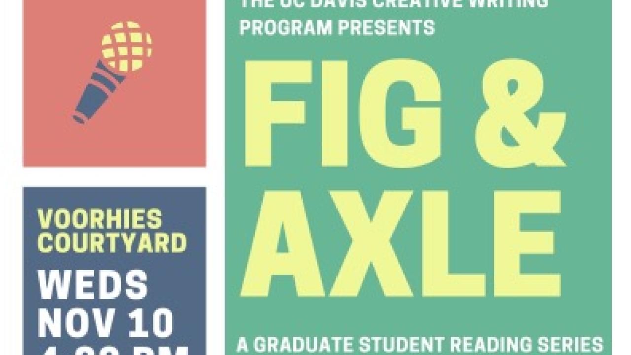 Multicolored flyer with tiles: first tile on the left is a red square with a cartoon microphone, green square to the right bears the name of the event, underneath that the bios of the authors and on the left, details of the event repeated in the description.