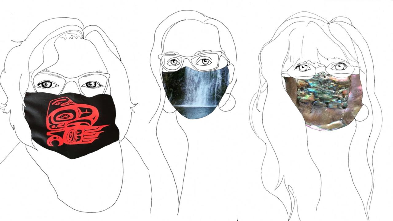 line drawings of three Tlingit/Haida women wearing masks overlaid with images