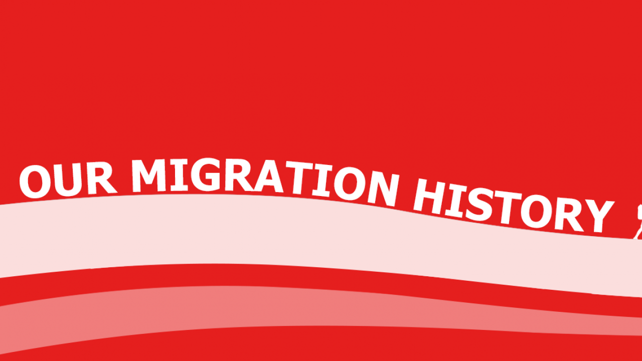 white words "our migration history" on red background