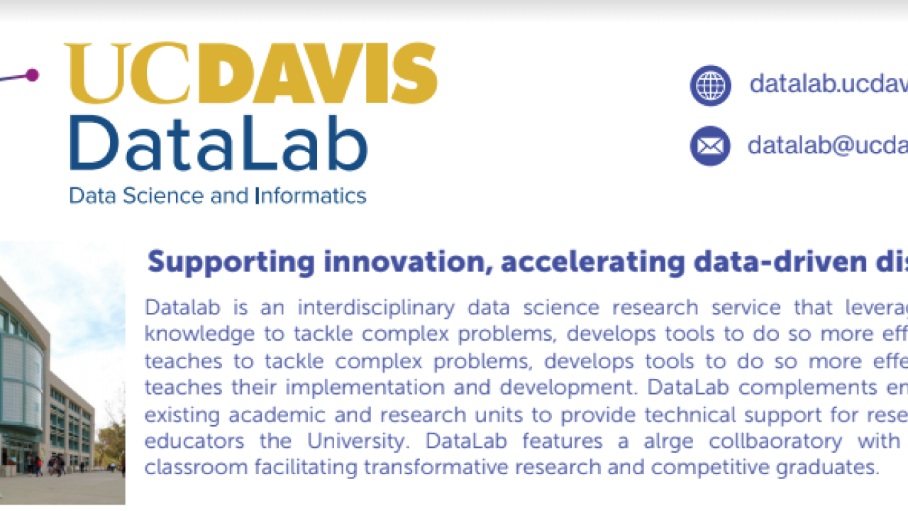Information about UCDavis DataLab (text included in event description) and image of Shields Library.