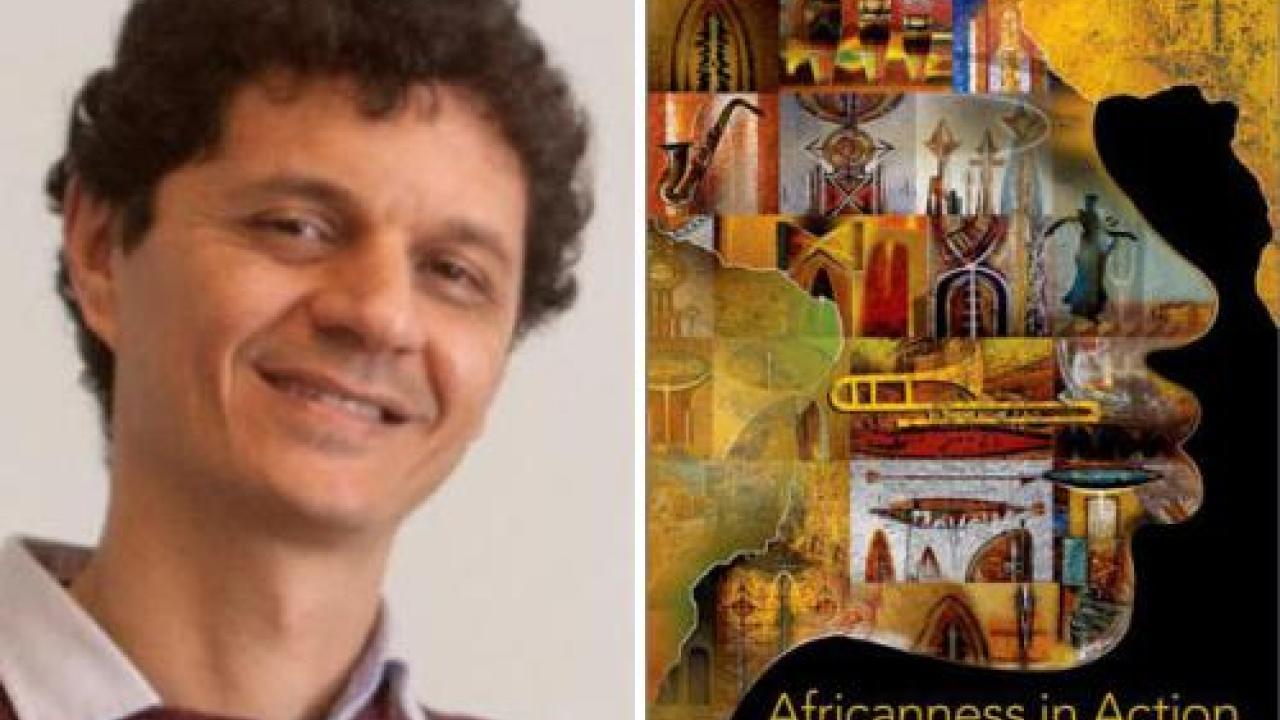 A composite image of Juan Diego in a maroon sweater, smiling, and his book cover