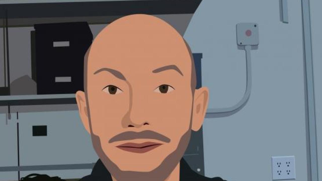 A self-portrait of the artist done in a cartoon-like style