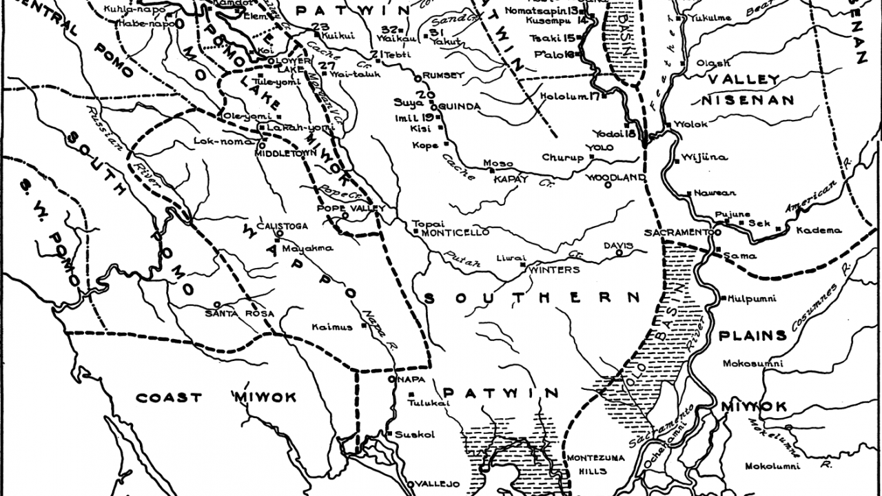 A map made by the settler-colonial UC anthropologist Alfred Kroeber documenting P'atwin, Wintun, Miwok, Nisenan, Pomo, and other California Indigenous lands (1932).