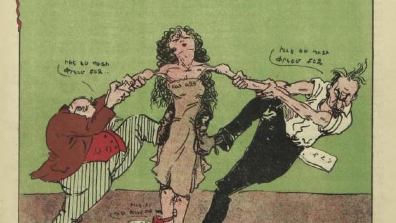 Cover page of the Cairo-based Armenian-language satirical journal, Armenian Cinema (1925–26), entitled “The force of saving the nation,” issue 24, 4 July 1925, showcasing a caricature of Aleksandr Sarukhan