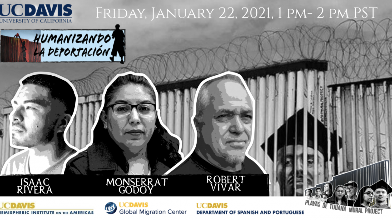 Black and white stylized photos of speakers overlaid with photo of a barbed wire-topped border wall