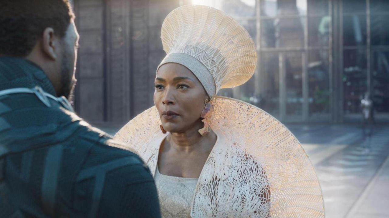 Image of Queen Ramonda (played by Angela Bassett) in "Black Panther" with headpiece and shoulder mantle created by Julia Koerner