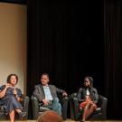 Filmmakers and panelists seated onstage in front of Crocker Art Museum logo